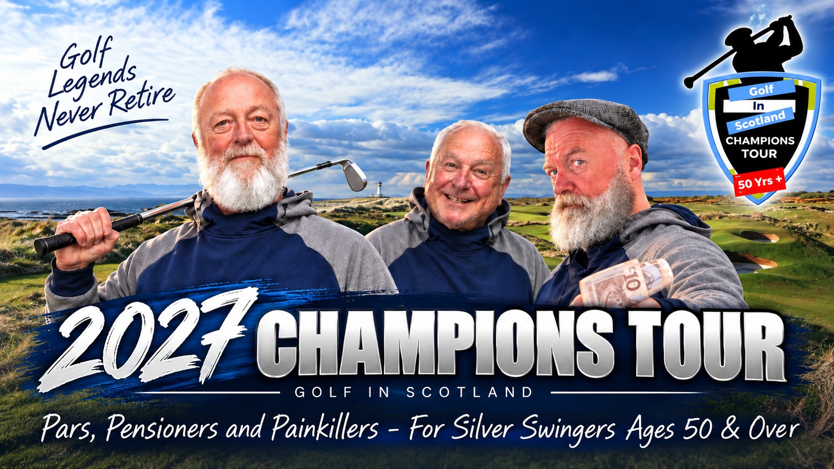 Golf in Scotland Champions Tour 2027 — three golfers on the Ayrshire coast, with a lighthouse and links course behind them